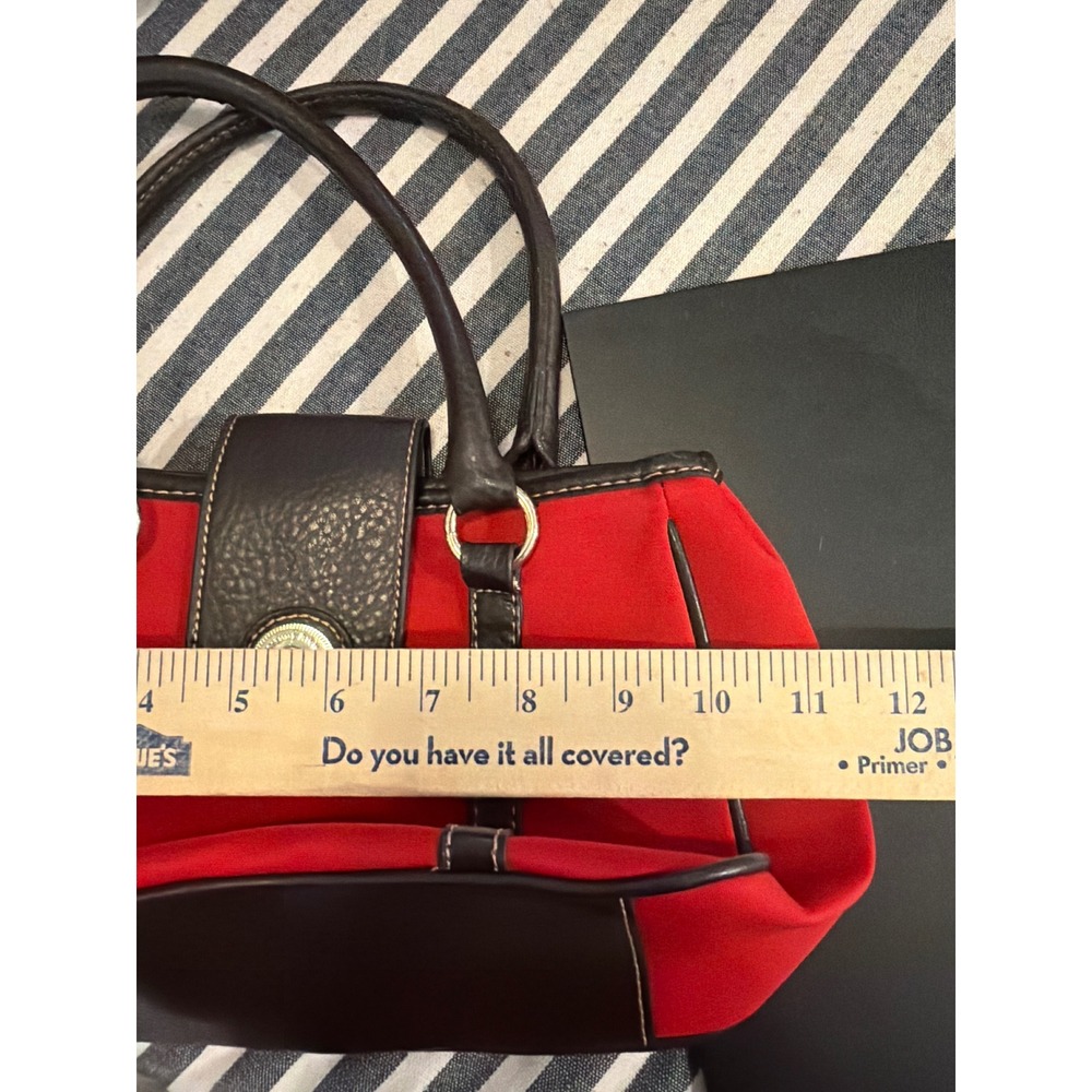 Etienne Aigner Red Canvas and Brown Leather Satchel Handbag Gold Logo Medallion - Picture 3 of 6
